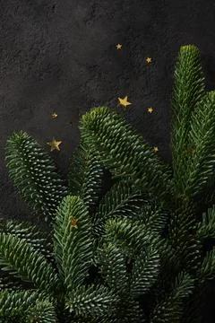 Close-up of fresh green pine branches with confetti in the shape of stars o.. Stock Photos