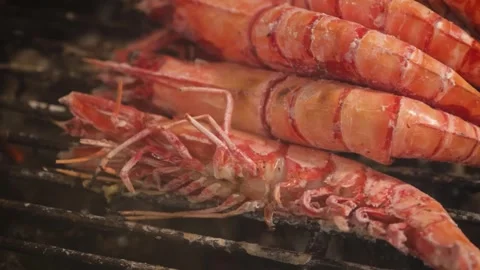 Close-Up of Fresh King Prawns Grilling on a Smoky Barbecue Vídeos de archivo 344230915