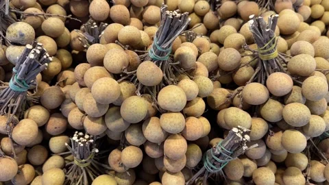 Close-up of fresh longan fruit clusters tied in bunches 스톡 동영상 323778425