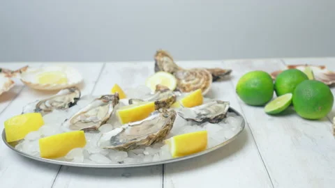Close-up of fresh opened Oysters on the table in a plate with crushed ice in 4K. Stock Footage 146319889