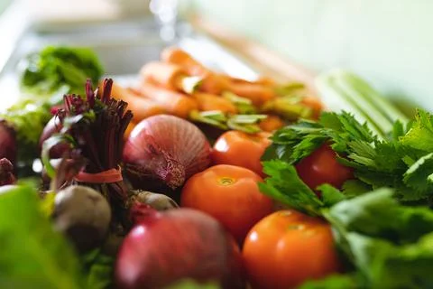 Close-up of fresh organic vegetable variations on kitchen counter at home 스톡 사진