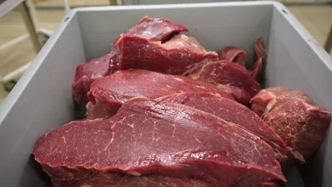 A close-up of fresh raw beef meat lies on the counter. Meat shop Stock-Footage 234603147