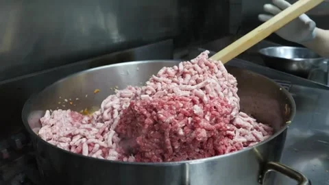 Close-up of Fresh Raw Minced Meat for Traditional Italian Pizza Topping Video stock 337678476