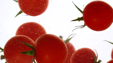 Close-up fresh red cherry tomatoes moving and splashing in water in slow motion Stock Footage 316027486
