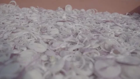 Close-up of fresh red onion slices in a large container Vídeos de archivo 327443573