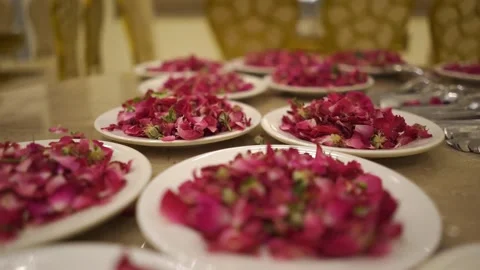 Close-Up of Fresh Red Rose Petals in Plates for Wedding Ceremony  스톡 동영상 343608042