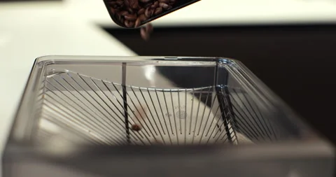 Close-up of fresh roasted coffee beans are poured into an automatic coffee Stock Footage 252752192