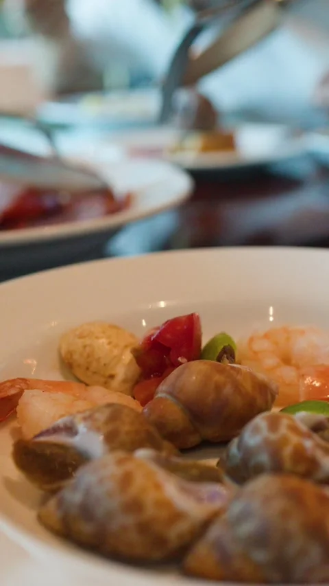 Close Up of Fresh Seafood Buffet with Sea Snails and Shrimp Stock Footage 335620522