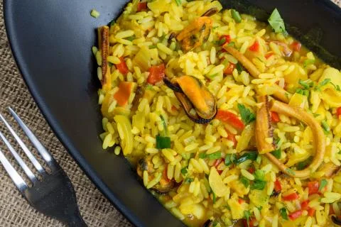 Close up of fresh seafood risotto Foto stock