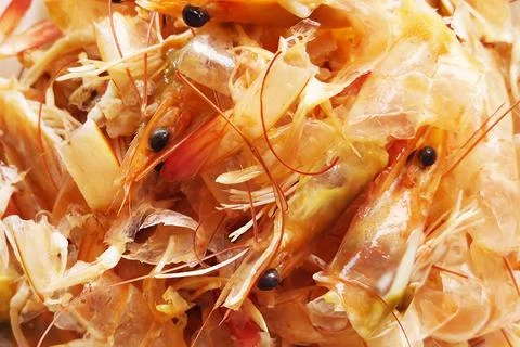 Close-Up of Fresh Shrimp Shells for Seafood Cuisine Concepts and Culinary D.. Stock Photos