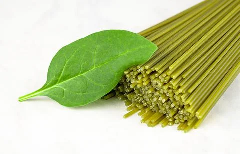 Close up Fresh spaghetti with spinach leaf on gray background Stock Photos