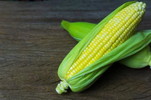 Close up fresh sweet corn cobs with leaves on wood table background. Stock Photos