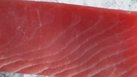 Close-up fresh tuna fish on chipped ice top view, cooking in slow motion Video stock 106956394