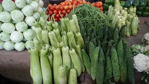 Close-up of fresh vegetables: bottle gourds, cherry tomatoes, bitter gourds. Stock Photos