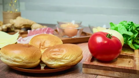 Close-up fresh vegetables on the table with grind beef mince in 4K. Video stock 153721993