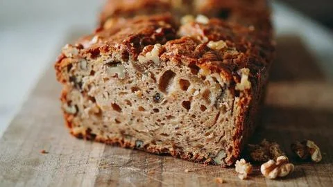 Close-up of fresh walnut banana bread slice with golden crust on rustic wooden Stockfoto's