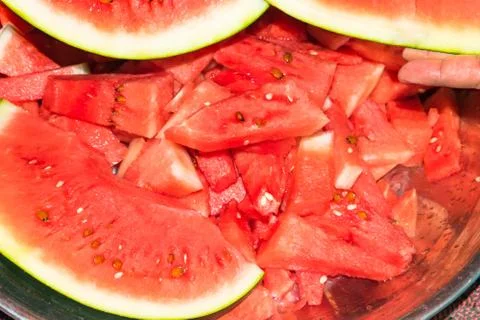 Close up of fresh water melon fruit slices in a plate Stock Photos