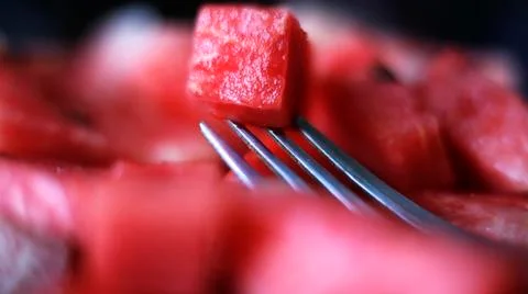 Close up of fresh watermelon slice cube picked with a fork Stock Photos