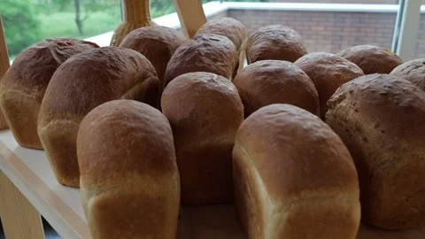 Close-up of freshly baked bread on the shelf of a store or bakery. Stock Footage 340245380