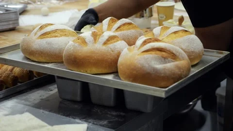 Close-up of freshly baked bread on the shelf of a store or bakery. Stock Footage 341316739
