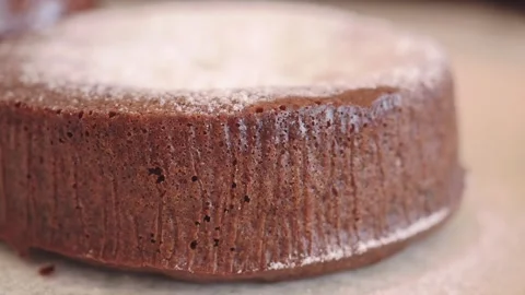 Close-up of a Freshly Baked Chocolate Cake with Powdered Sugar Stock Footage 345187617