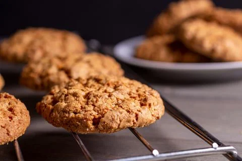 Close-up of a freshly baked stack of warm oatmeal cookies on a cooling rack Stock Photos