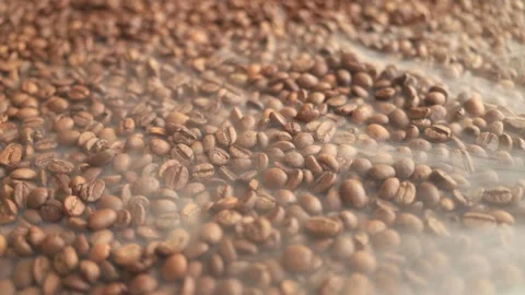 Close-up of freshly roasted coffee beans with steam rising, a warm and aromatic Stock Footage 338431300