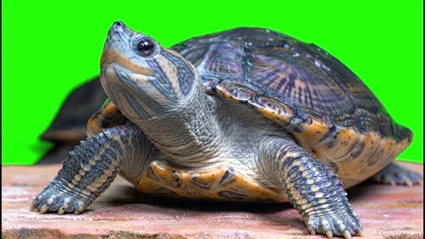 Close-Up Freshwater Turtle Basking on Rock Green Screen  high quality 4k video Stock Footage 317932876