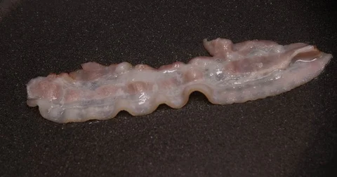Close-up of fried bacon in hot pan, fat, crisp, cuisine, thin slices of meat Stock Footage 120896527