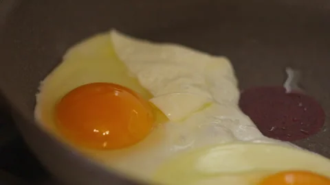 Close-Up of Fried Egg Cooking in Pan on Kitchen Stove Stock Footage 334123493