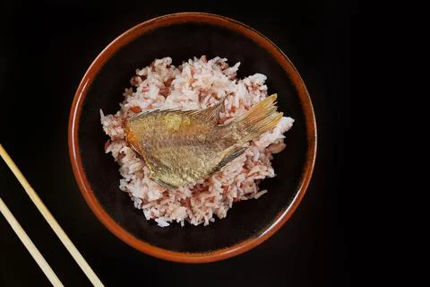Close up of fried fish with rice Stock Photos