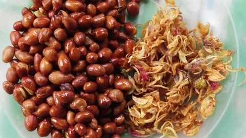 Close Up of Fried Peanuts and Crispy Fried Shallots Garnish Stock Footage 331991958