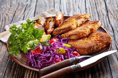 Close up of fried pork chops in breadcrumbs Stock Photos