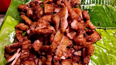 Close Up of Fried Pork Pieces at Thai Street Food Market Video stock 343763787