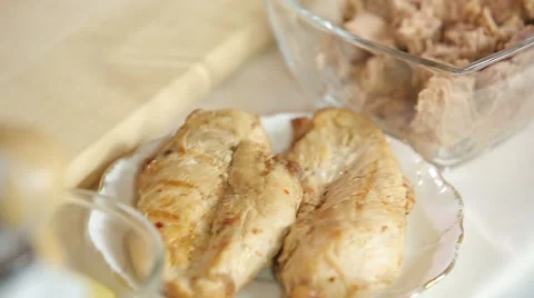 Close-up of fried turkey breast and canned tuna pita Stock Footage 67455040
