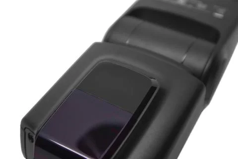 Close-up of the front optical sensor and AF assist beam on a black camera f.. 스톡 사진