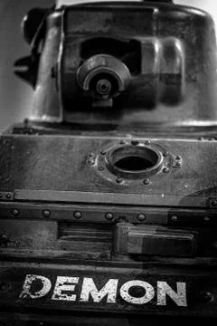 A Close Up Of The Front Of A Tank With Its Name Written On Stock Photos
