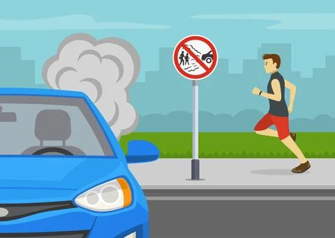 Close-up front view of a blue sedan car and "No idling, turn engine off" sign. Stock Illustration