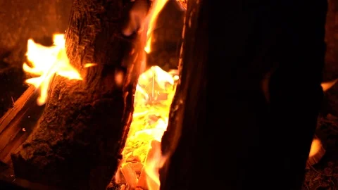 Close up front view of burning camp fire logs Stock Footage 114258936