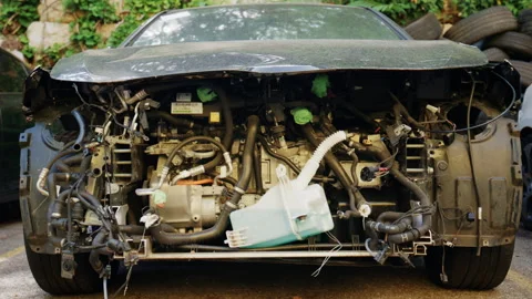 Close up front view of a dismantled car with exposed engine components, hoses, Vidéo 339733836