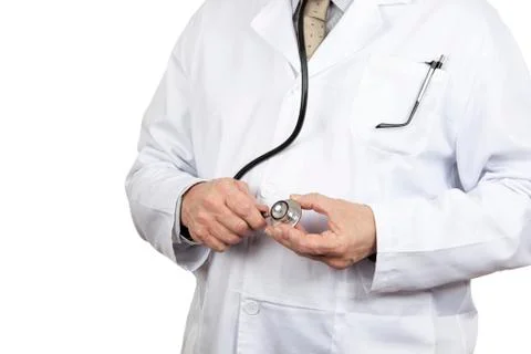 Close up front view of a doctor adjusting his stetoscope Foto stock