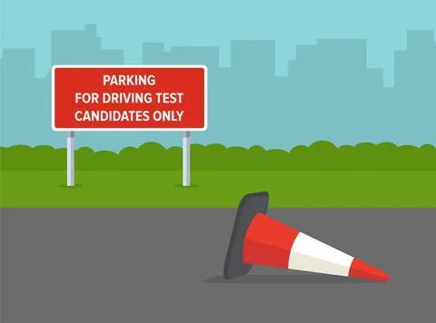 Close-up front view of downed red traffic cone on driving school parking area. Stock Illustration