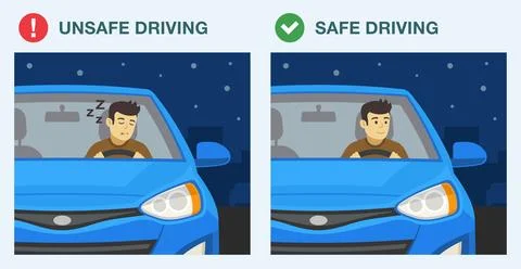 Close-up front view of a drowsy driver on city road. Young male character. Stock Illustration