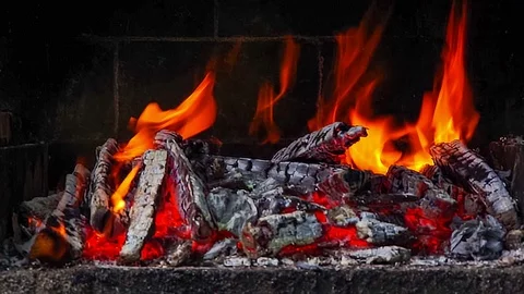 Close up front view of fire burning in a brick barbecue. 库存影片 95410754
