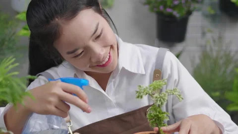 Close up front view of happy young Asian  woman working in garden with spray  Video stock 171048448