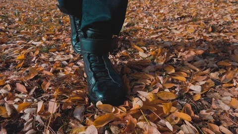 Close-up front view of legs in black leather boots walking on fallen autumn foli Video stock 118993794