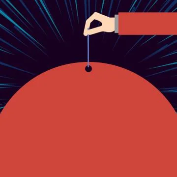 Close up front view male hand arm needle punching big blank balloon empty text Stock Illustration