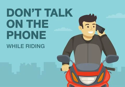 Close-up front view of a moto rider calling phone on traffic flow. Stock Illustration