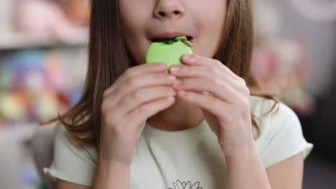 Close up front view, unrecognizable kid brunette girl with big smile and white Stock Footage 194811717