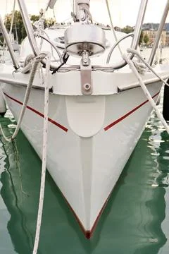 Close-up of the front of a white sailboat Stock Photos